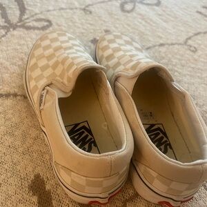 Vans Beige and White Checkered Slip-Ons